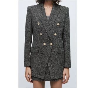 Zara Women's Black Tweed Double-Breasted Blazer